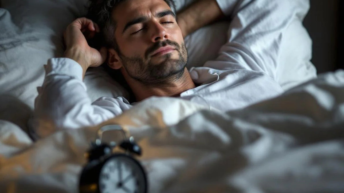 Man asleep in bed with an alarm clock in the forefront