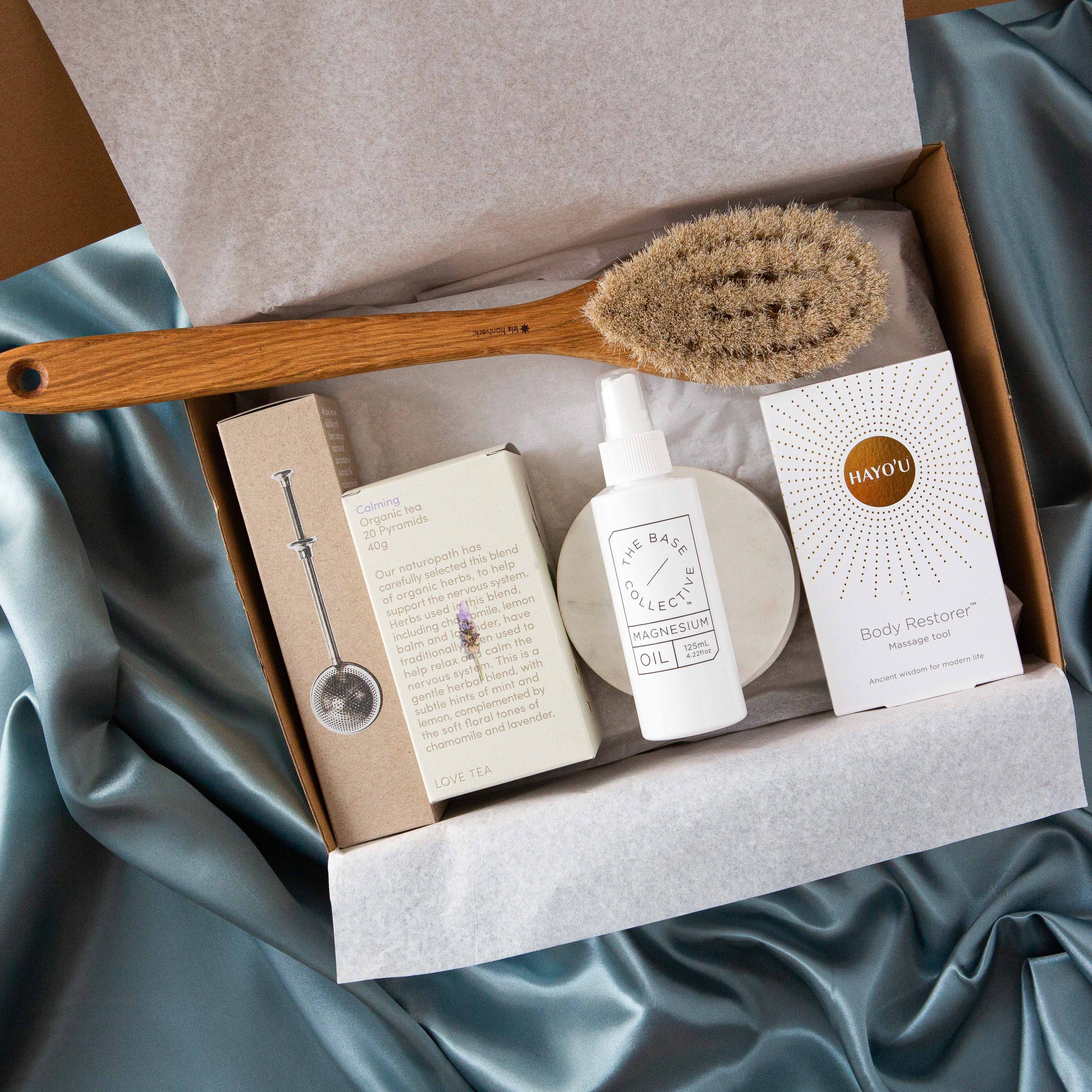 deluxe self care hamper bundle with body brush, tea and body gua sha