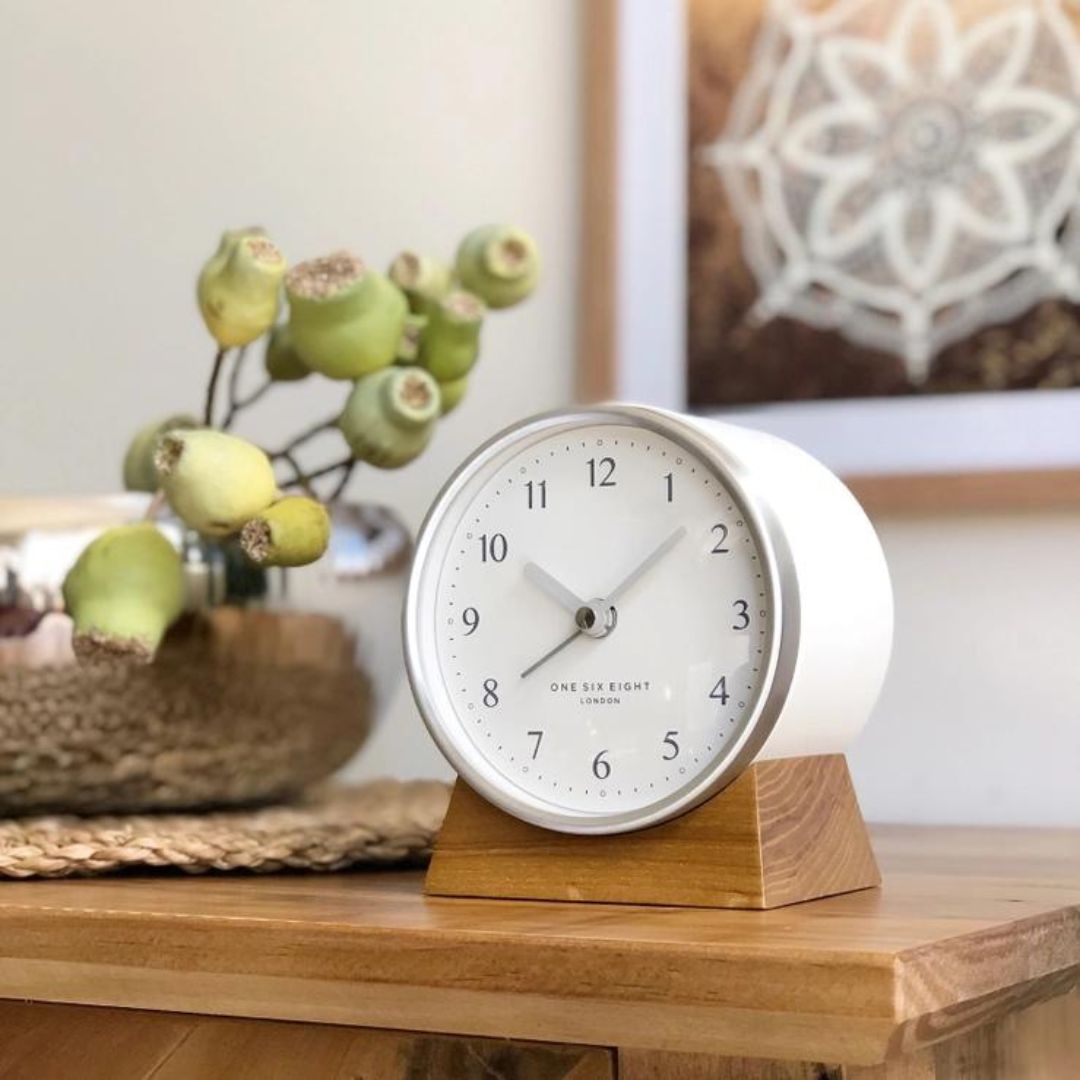 silent white clock with alarm