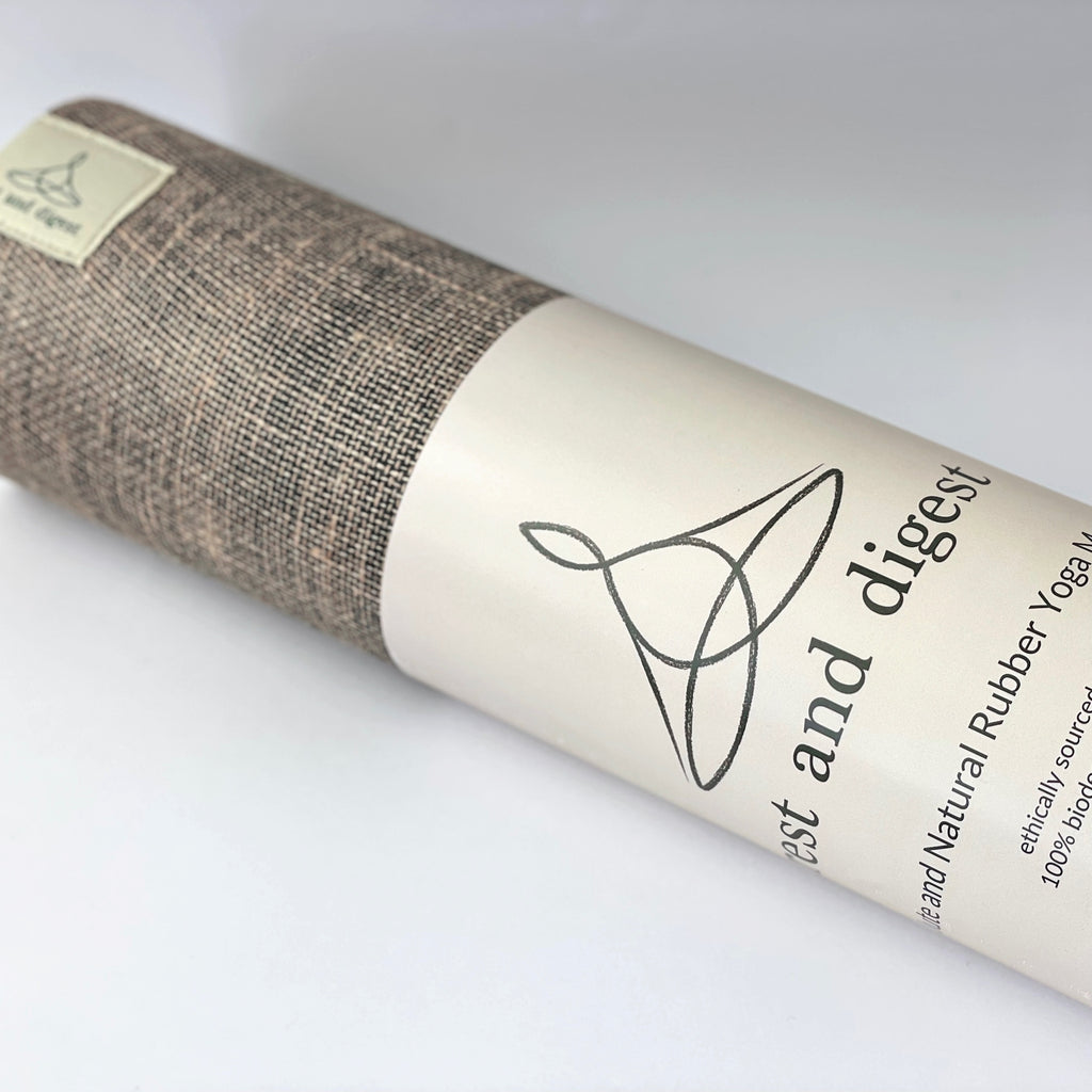 jute and rubber yoga mat with label
