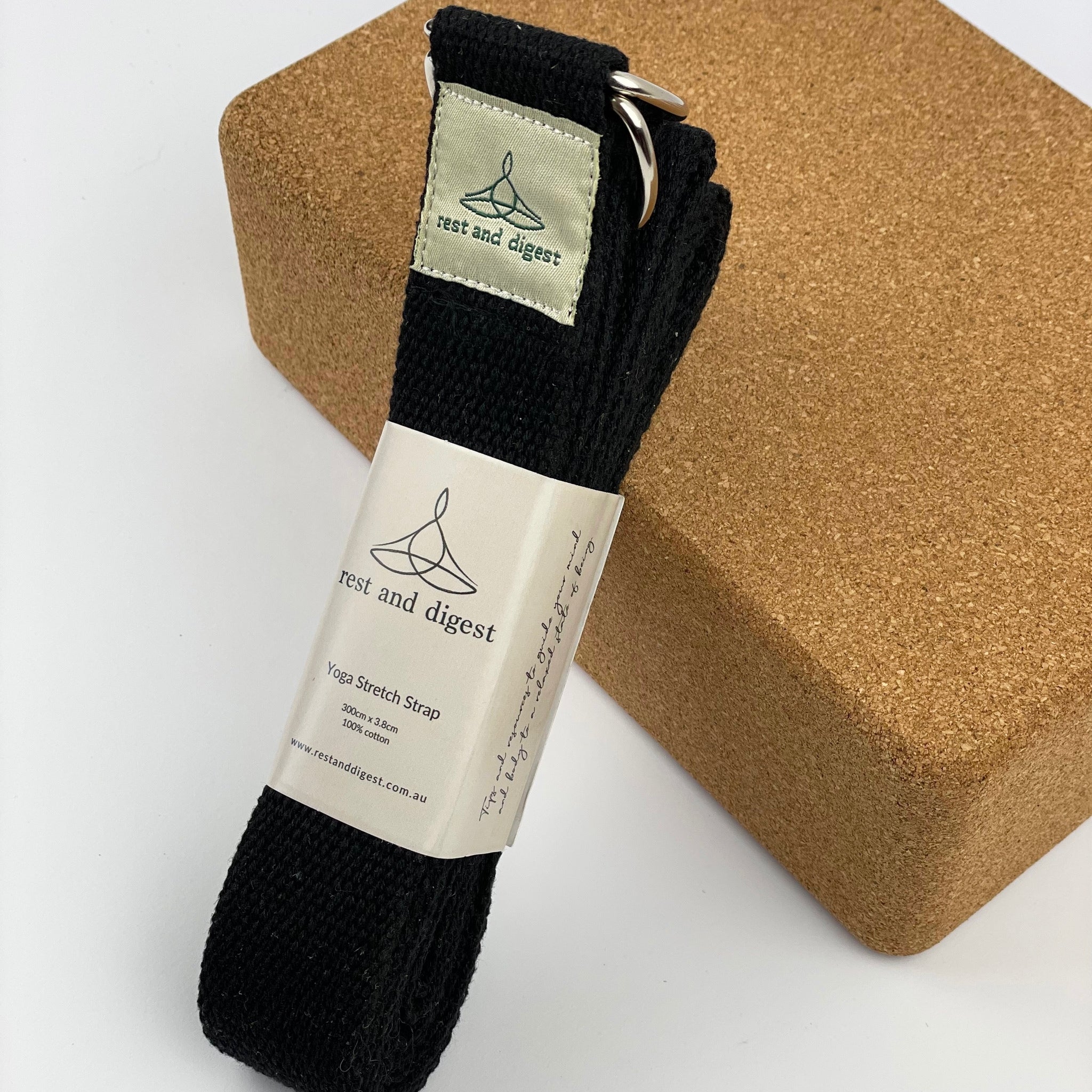 yoga stretch strap on cork block